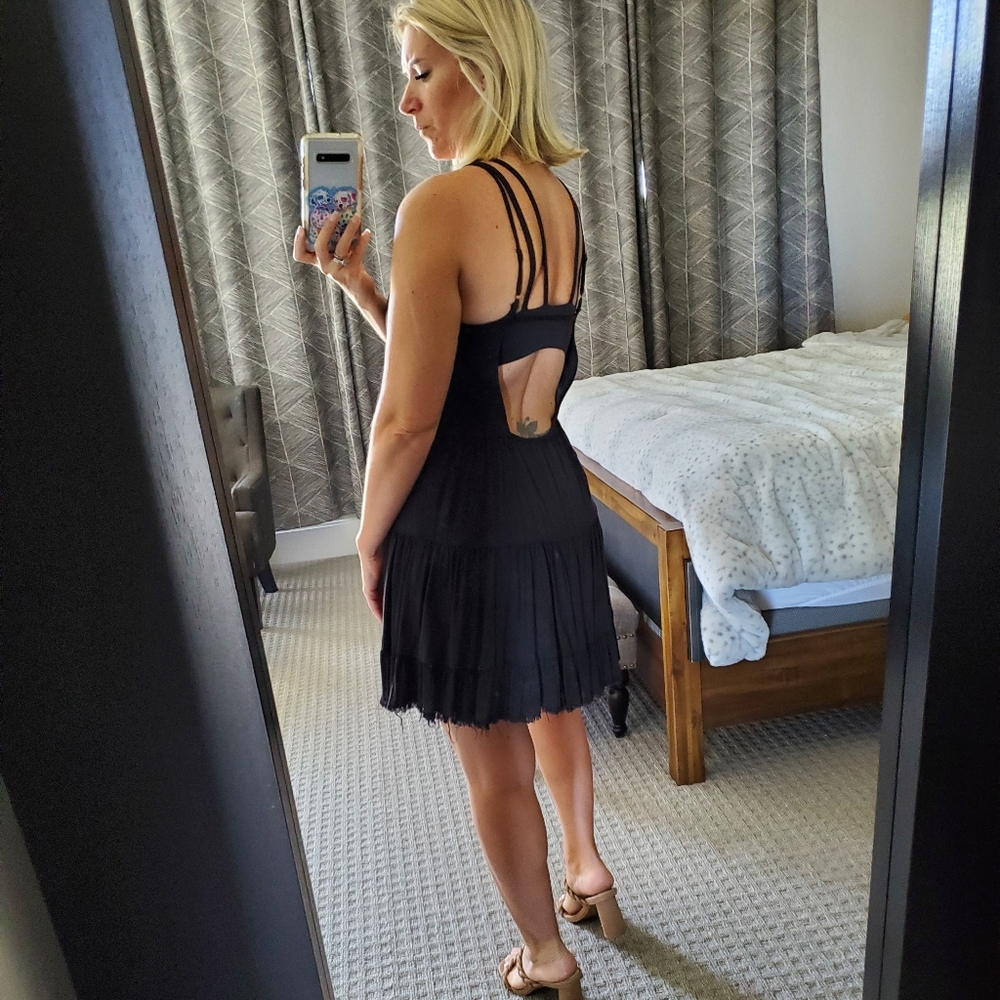 Black mini baby doll dress with open back